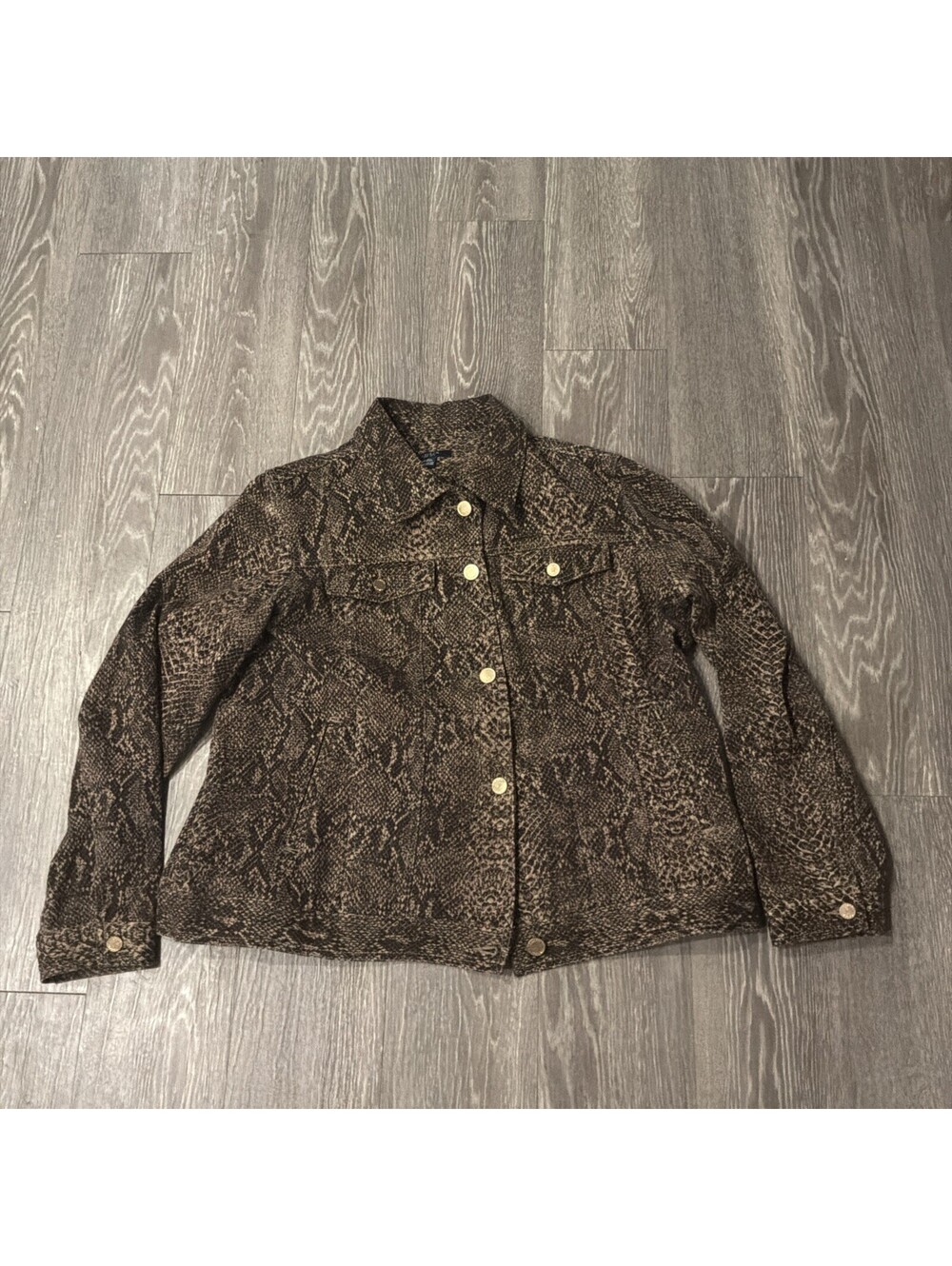Chaps Womens Snake Print Denim Jacket Size 1x Gold Buttons